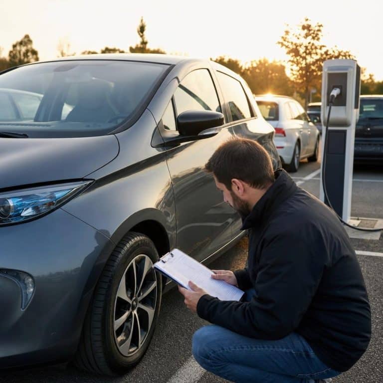 Conducteur inspectant une voiture électrique d’occasion devant une borne de recharge, checklist en main