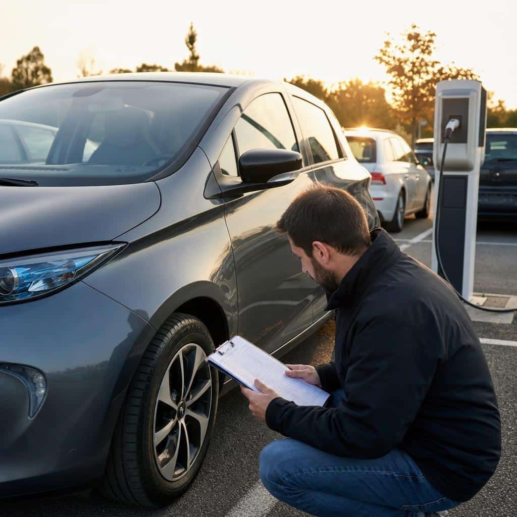 Conducteur inspectant une voiture électrique d’occasion devant une borne de recharge, checklist en main