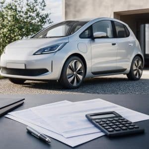 Illustration d’une voiture électrique sur fond de documents d’assurance et d’une calculatrice