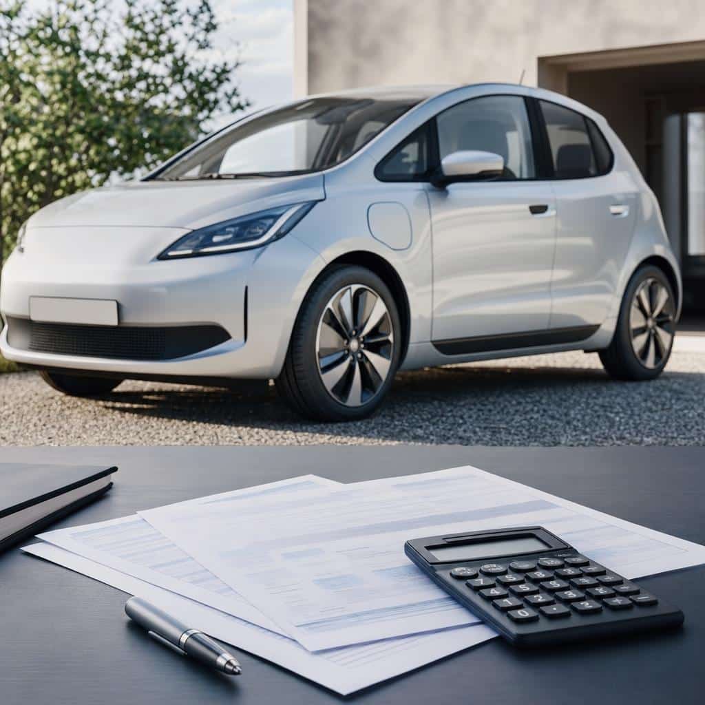 Illustration d’une voiture électrique sur fond de documents d’assurance et d’une calculatrice