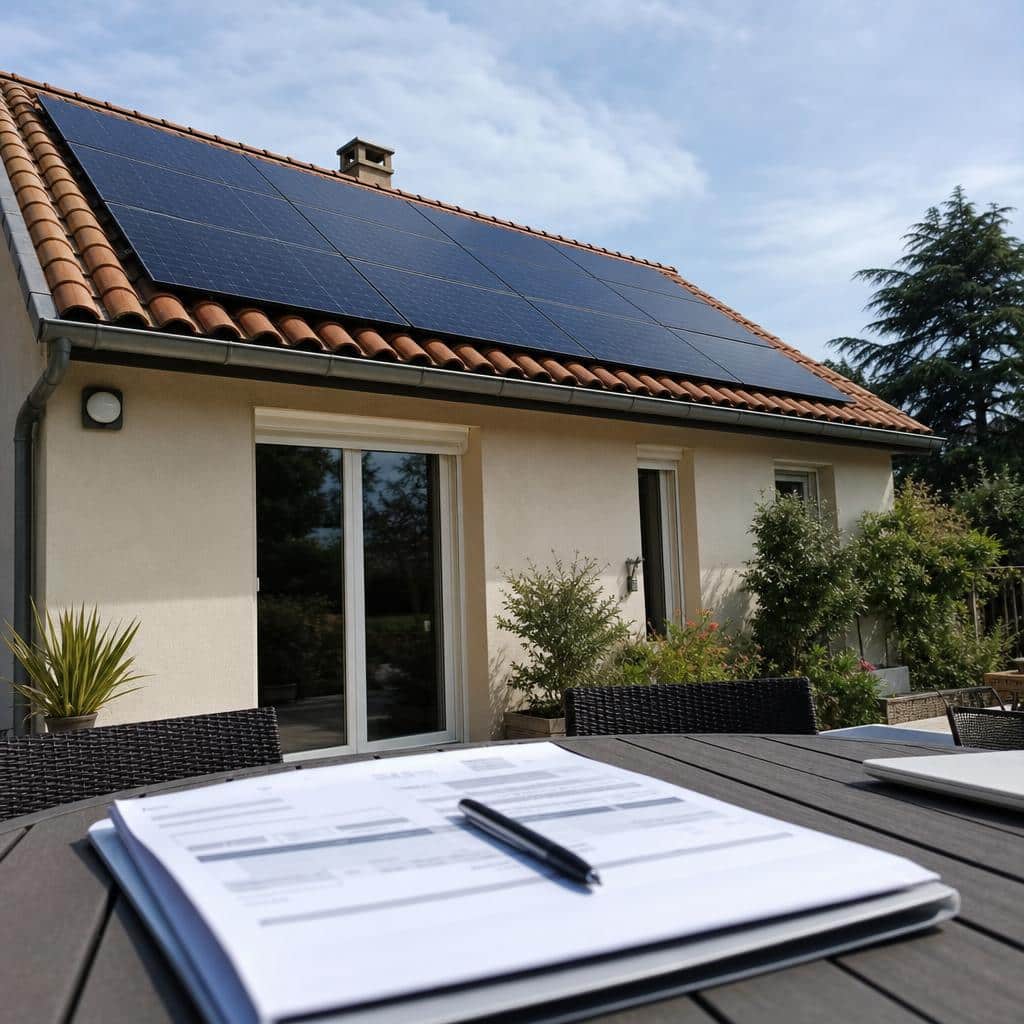 Panneaux solaires sur le toit d’une maison, avec un devis solaire au premier plan.