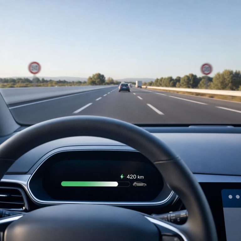 Voiture électrique sur autoroute avec indicateur d’autonomie et icône de borne de recharge