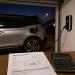 Voiture électrique en recharge à domicile, avec une facture d’électricité au premier plan.