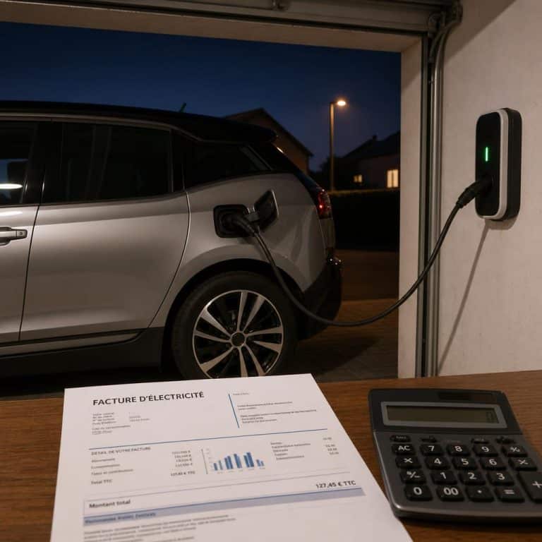 Voiture électrique en recharge à domicile, avec une facture d’électricité au premier plan.