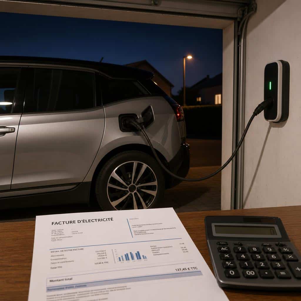 Voiture électrique en recharge à domicile, avec une facture d’électricité au premier plan.
