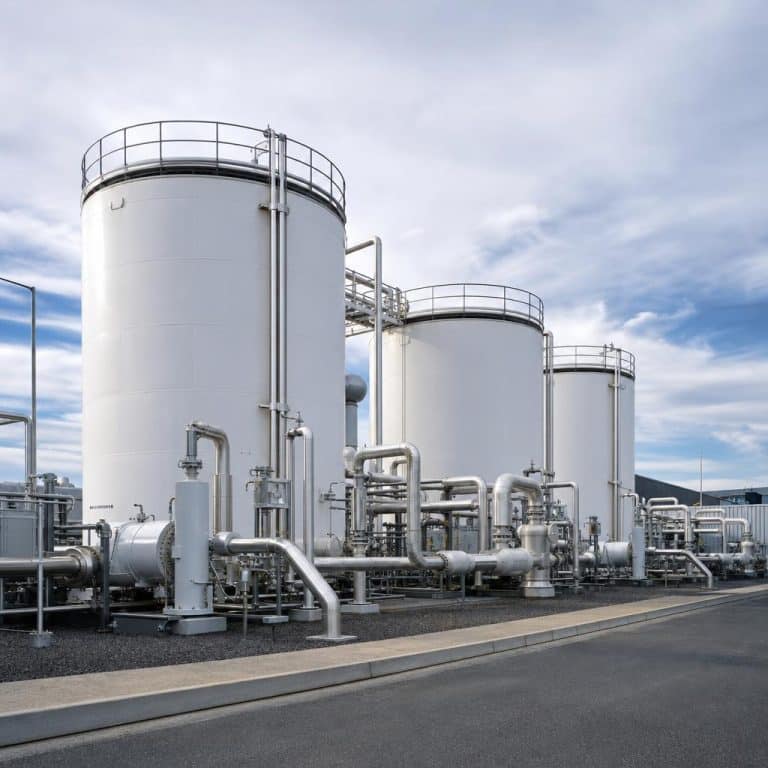 Installation de stockage d’électricité avec grands réservoirs industriels, site technique, ciel couvert
