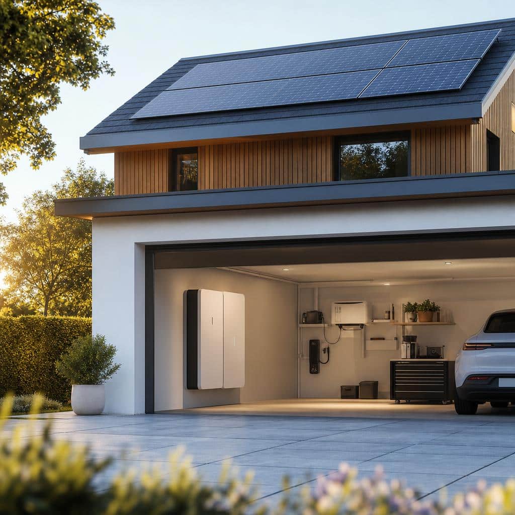 Maison équipée de panneaux solaires avec batterie résidentielle murale dans un garage clair