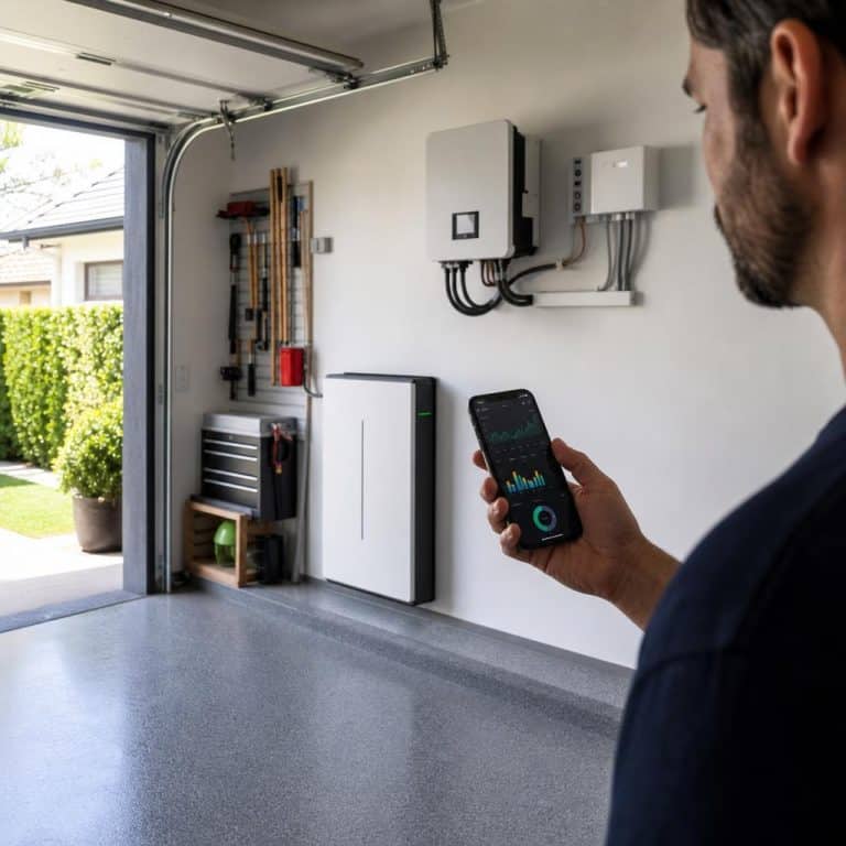 Batterie domestique dans un garage avec onduleur et application de suivi d’énergie