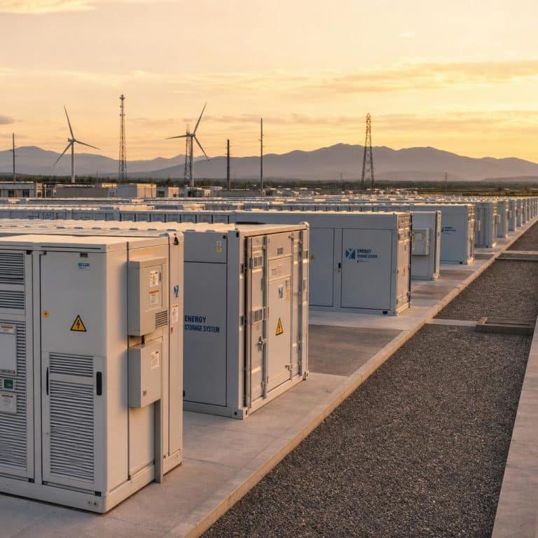 Rangées de conteneurs de batteries stationnaires sur un site industriel, avec un ciel clair en arrière-plan.