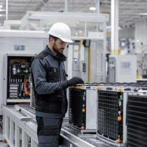 Ligne d’assemblage de batteries stationnaires dans une usine moderne, en France.