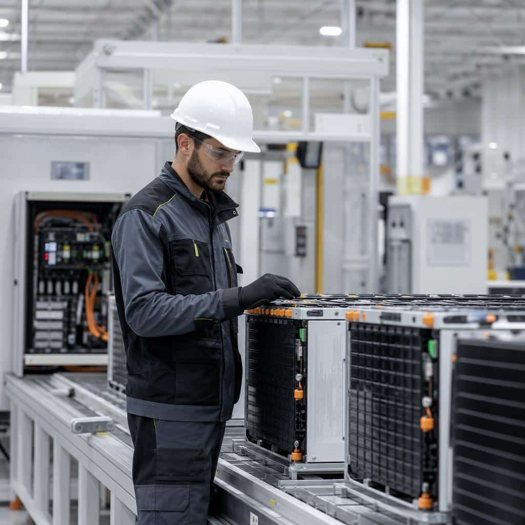 Ligne d’assemblage de batteries stationnaires dans une usine moderne, en France.