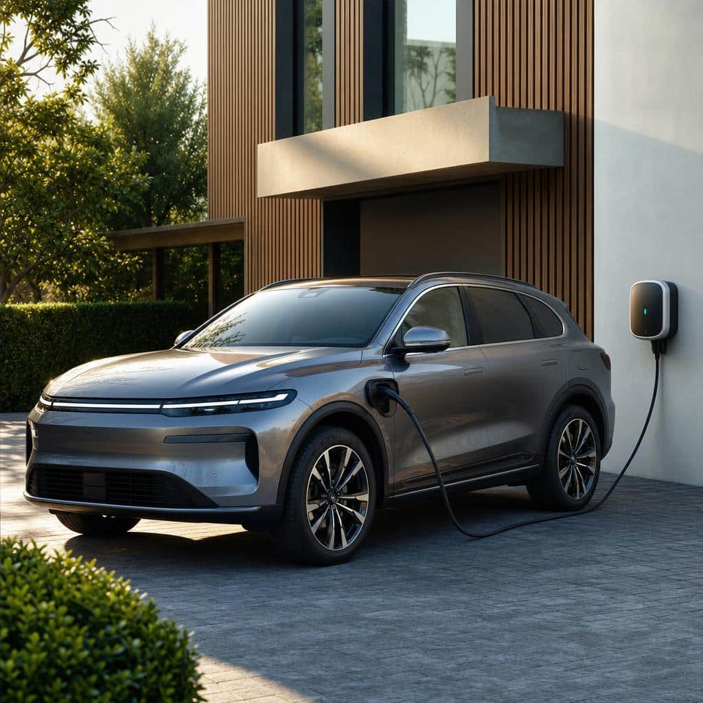 SUV électrique branché à une borne de recharge domestique devant une maison