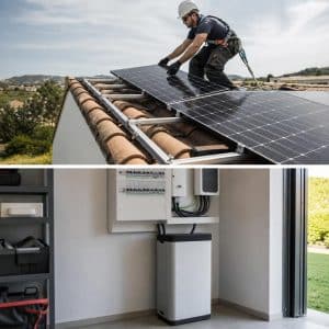 Technicien installant des panneaux solaires sur une maison, avec une batterie domestique en arrière-plan