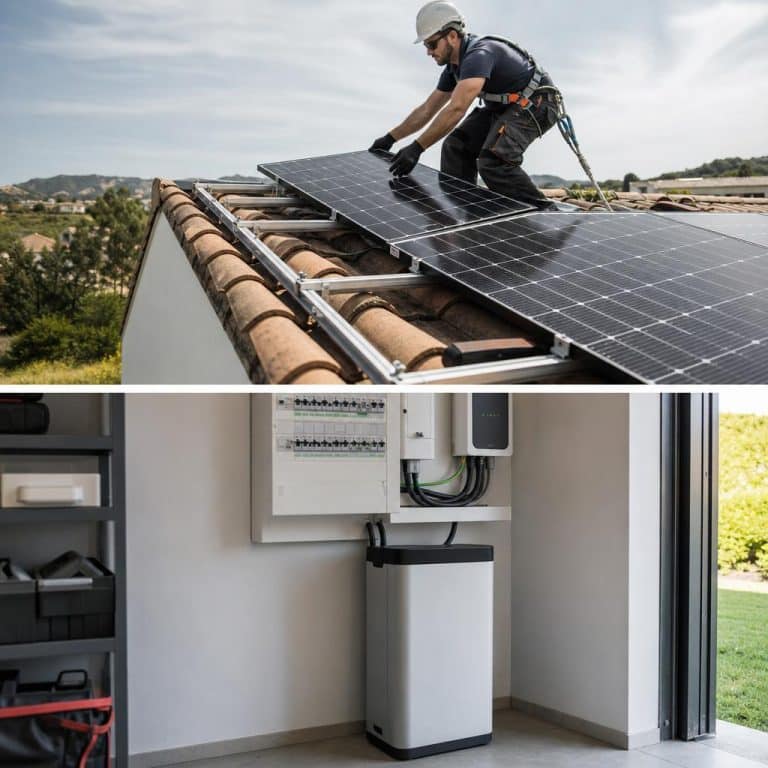 Technicien installant des panneaux solaires sur une maison, avec une batterie domestique en arrière-plan