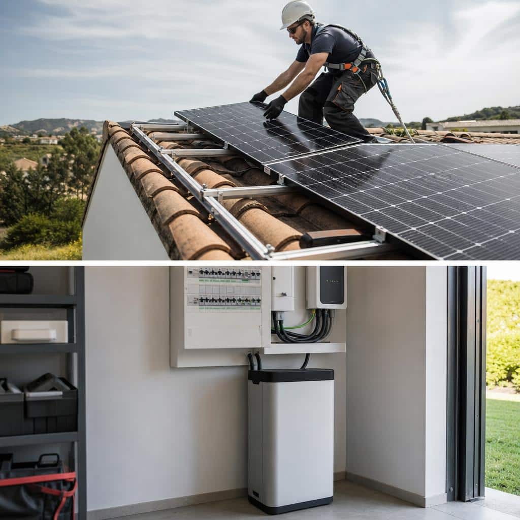 Technicien installant des panneaux solaires sur une maison, avec une batterie domestique en arrière-plan