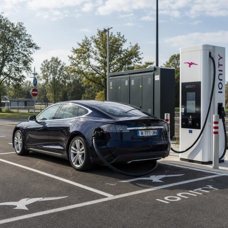 Une berline électrique en charge sur une borne haute puissance, câble épais et voyants lumineux, sur une aire moderne.