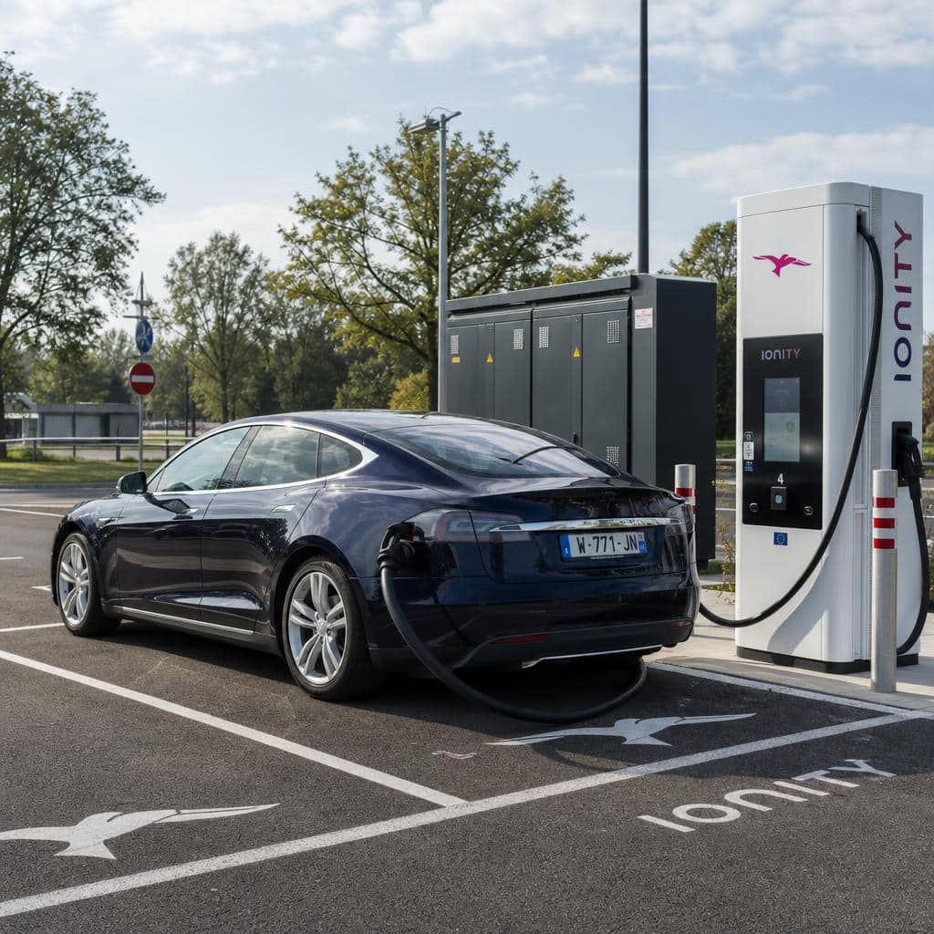 Une berline électrique en charge sur une borne haute puissance, câble épais et voyants lumineux, sur une aire moderne.