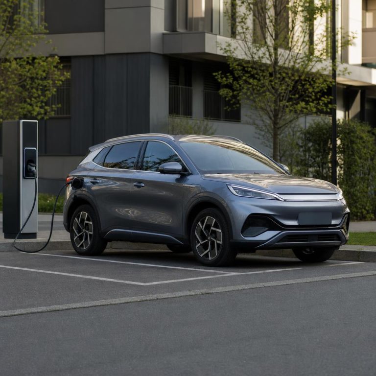 Un SUV électrique de style BYD en charge sur une borne européenne, câble correctement branché, sans logos