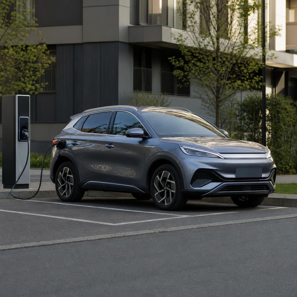 Un SUV électrique de style BYD en charge sur une borne européenne, câble correctement branché, sans logos