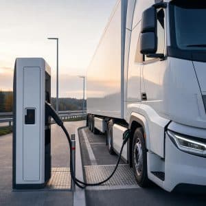 Camion électrique en recharge sur une aire moderne, au coucher du soleil