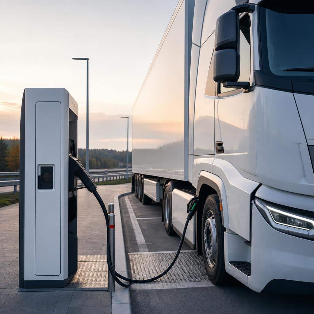 Camion électrique en recharge sur une aire moderne, au coucher du soleil