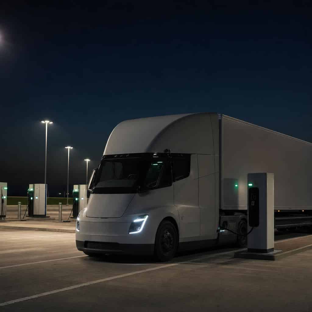 Un camion électrique stationné sur une aire de recharge avec plusieurs bornes, de nuit, ambiance autoroutière