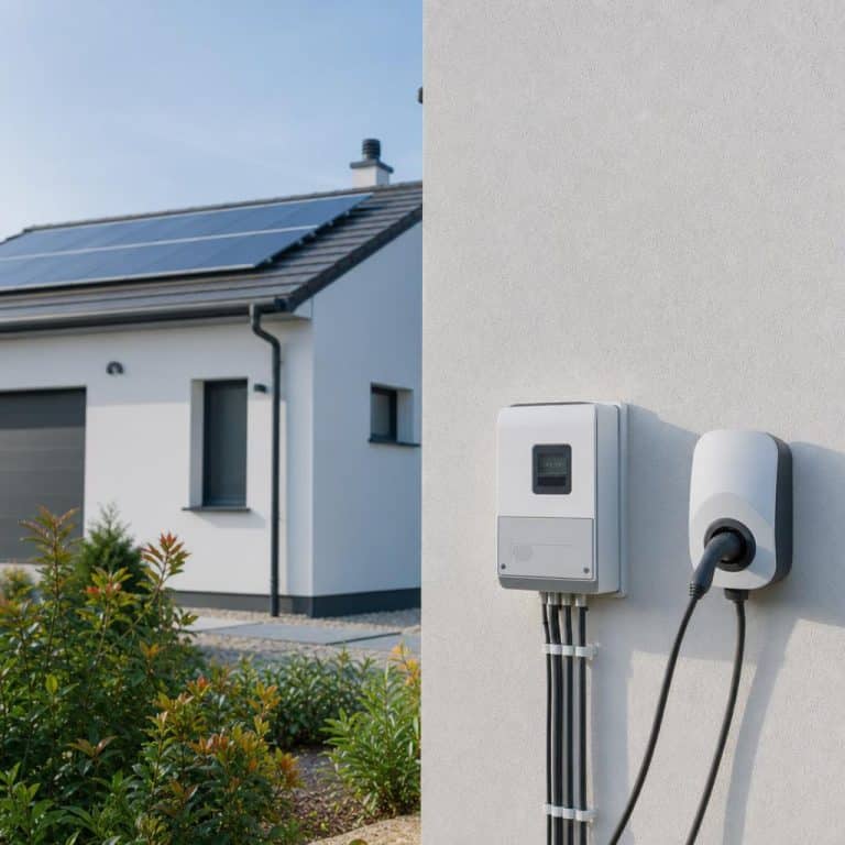 Un particulier devant un compteur électrique et une borne de recharge, avec des panneaux solaires en arrière-plan