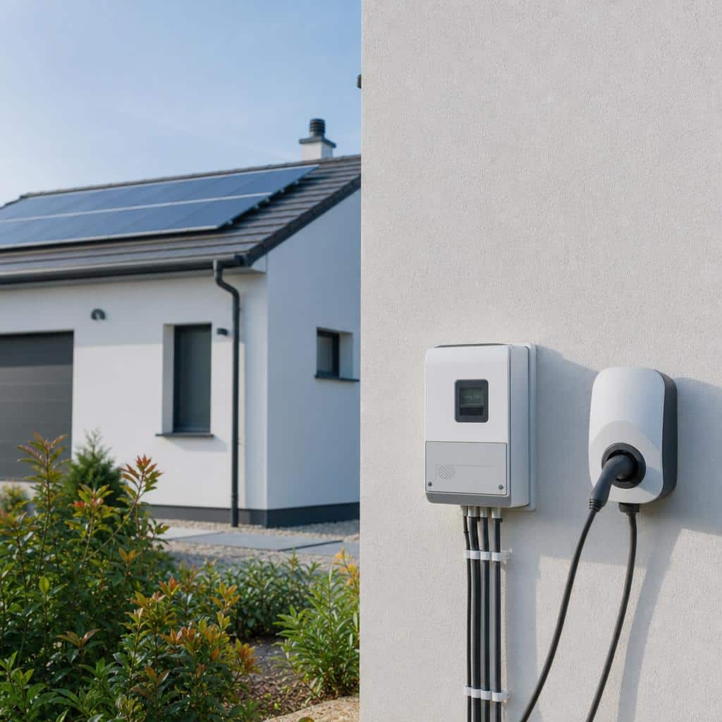 Un particulier devant un compteur électrique et une borne de recharge, avec des panneaux solaires en arrière-plan