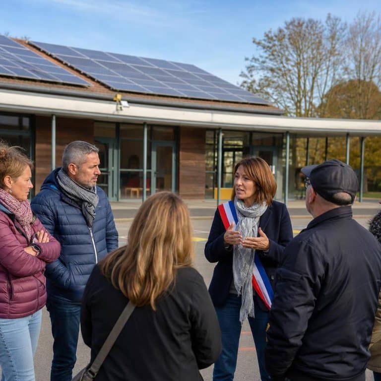 Habitants réunis devant un bâtiment public équipé de panneaux solaires, illustrant un projet d’énergie partagée