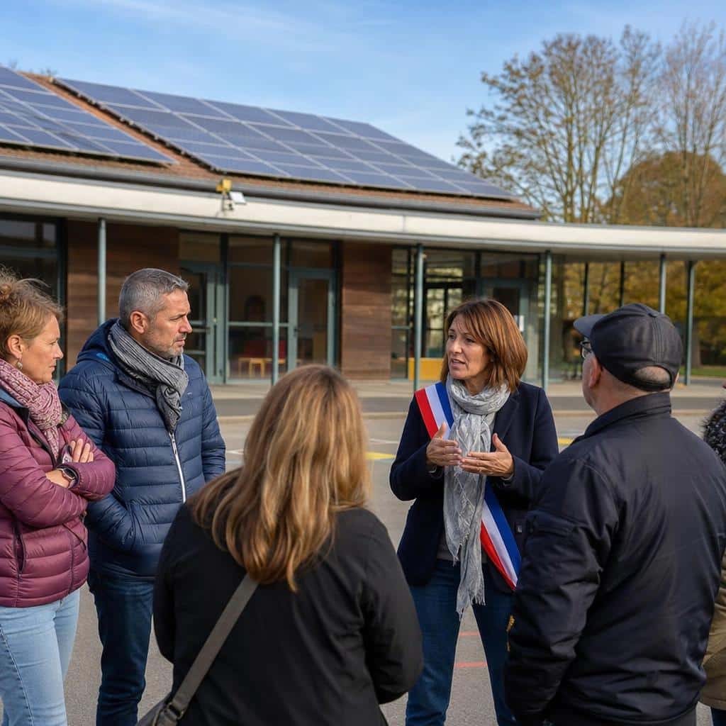 Habitants réunis devant un bâtiment public équipé de panneaux solaires, illustrant un projet d’énergie partagée