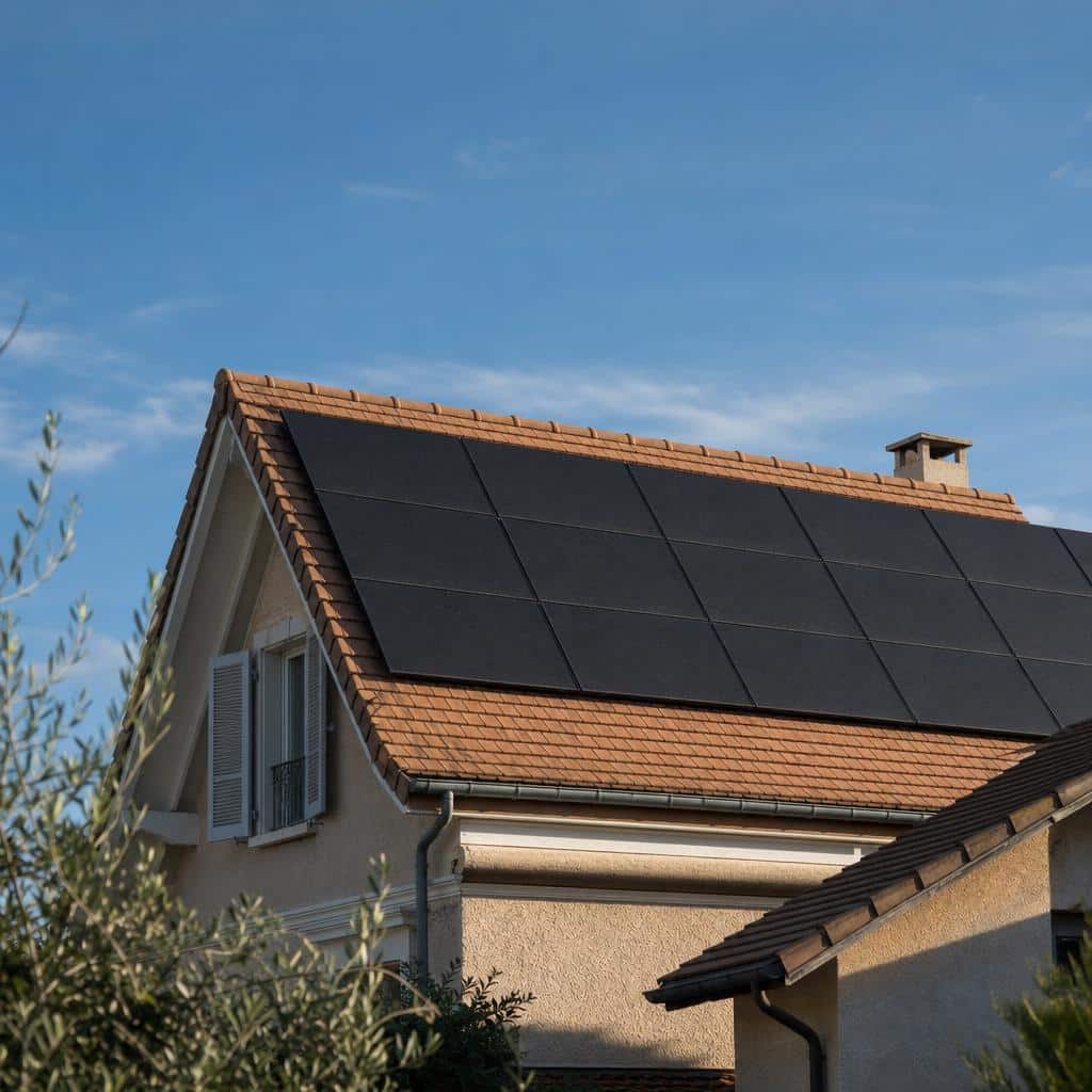 Panneaux solaires résidentiels sur un toit au lever du jour.