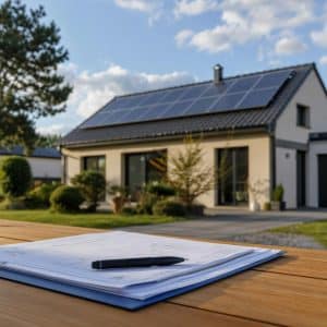 Maison avec panneaux solaires et documents de devis posés sur une table