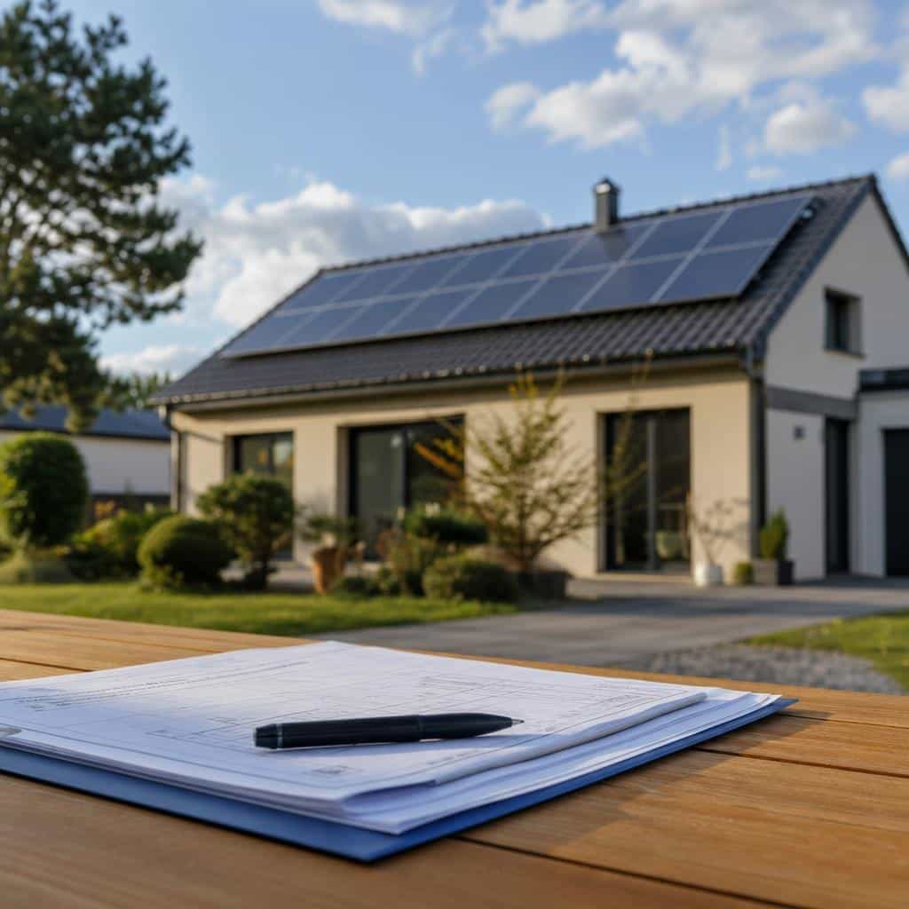 Maison avec panneaux solaires et documents de devis posés sur une table