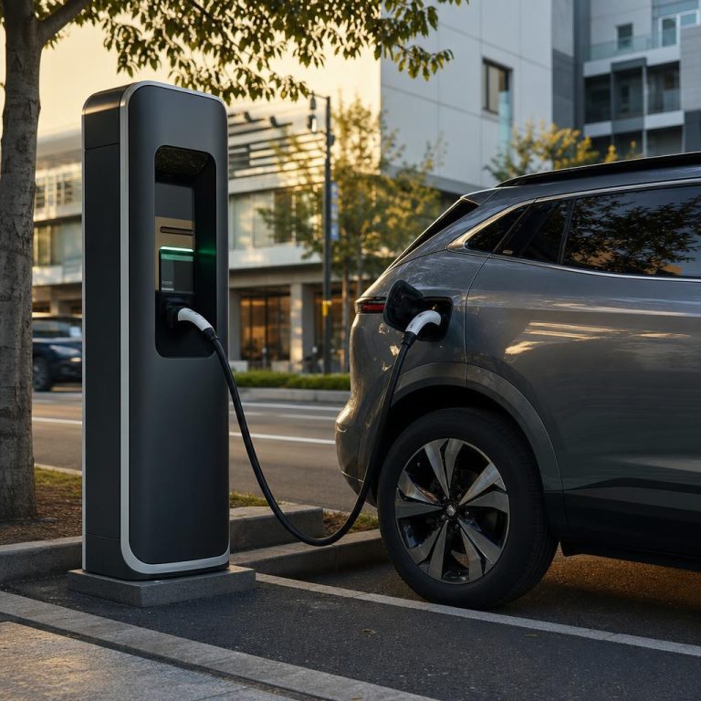 Une voiture électrique branchée à une borne de recharge rapide en ville, illustrant l’évolution des tarifs selon l’affluence
