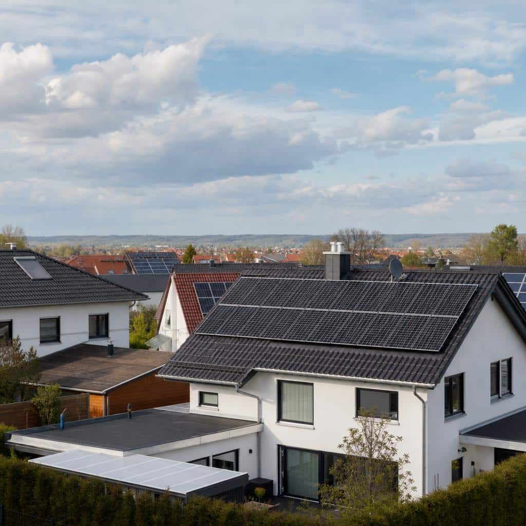 Toits équipés de panneaux solaires avec un ciel changeant, symbolisant un marché en transition