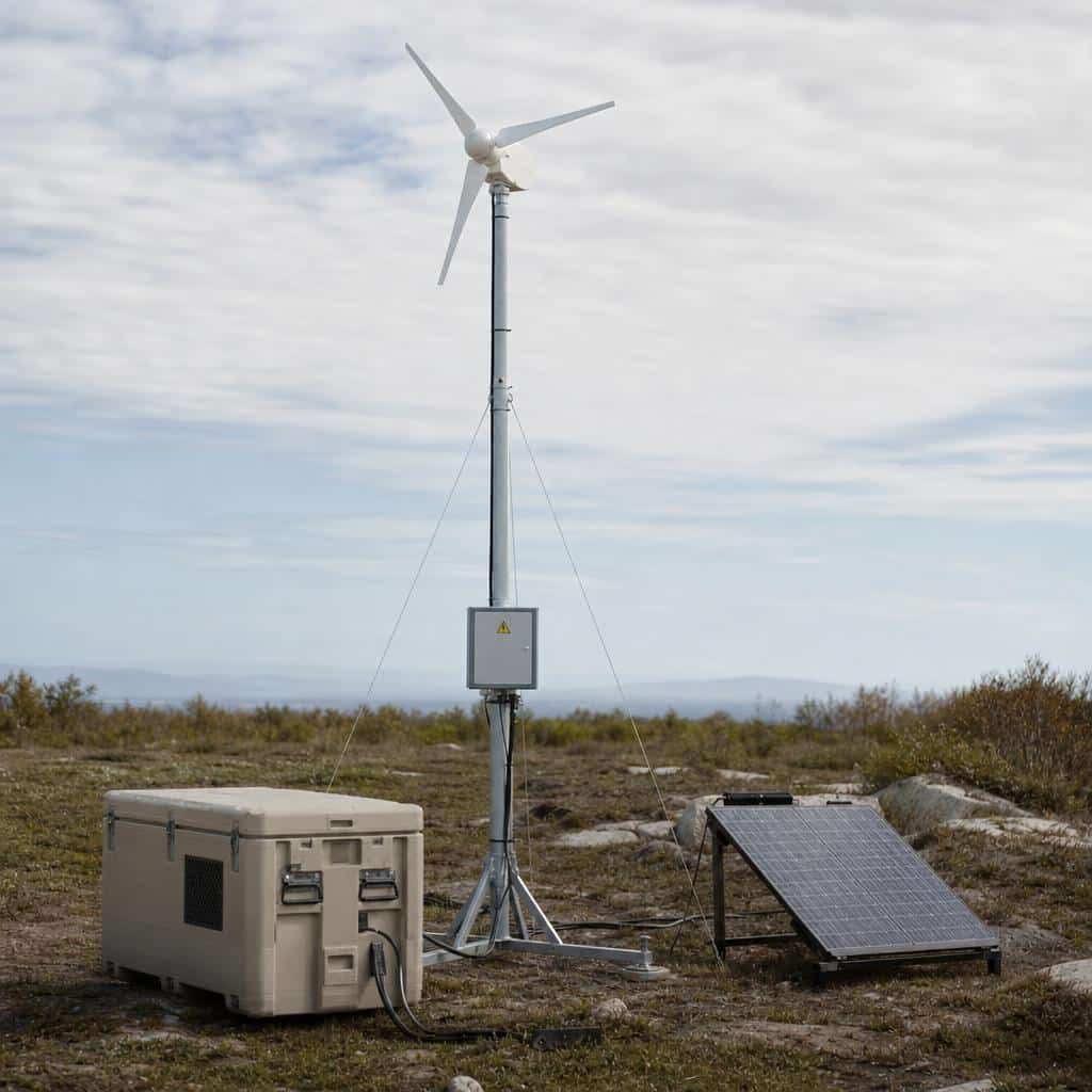 Une petite éolienne modulaire montée sur un mât sur un site isolé, avec des caisses de stockage d'énergie à proximité.