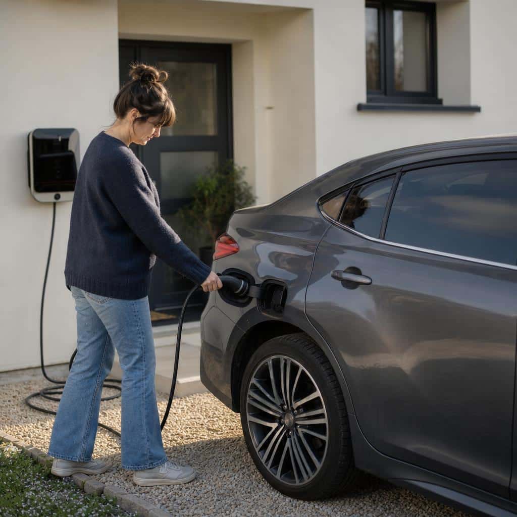 Main tenant un câble de recharge devant une hybride rechargeable d’occasion