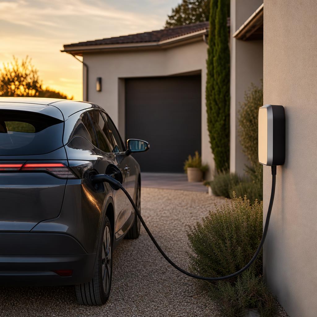Une voiture branchée à une borne domestique devant une maison, symbole du choix entre hybride rechargeable et électrique