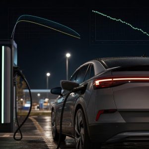 Illustration d’une voiture électrique en charge avec un graphique de batterie et des courbes d’optimisation