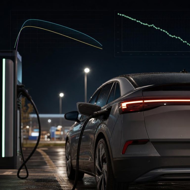 Illustration d’une voiture électrique en charge avec un graphique de batterie et des courbes d’optimisation