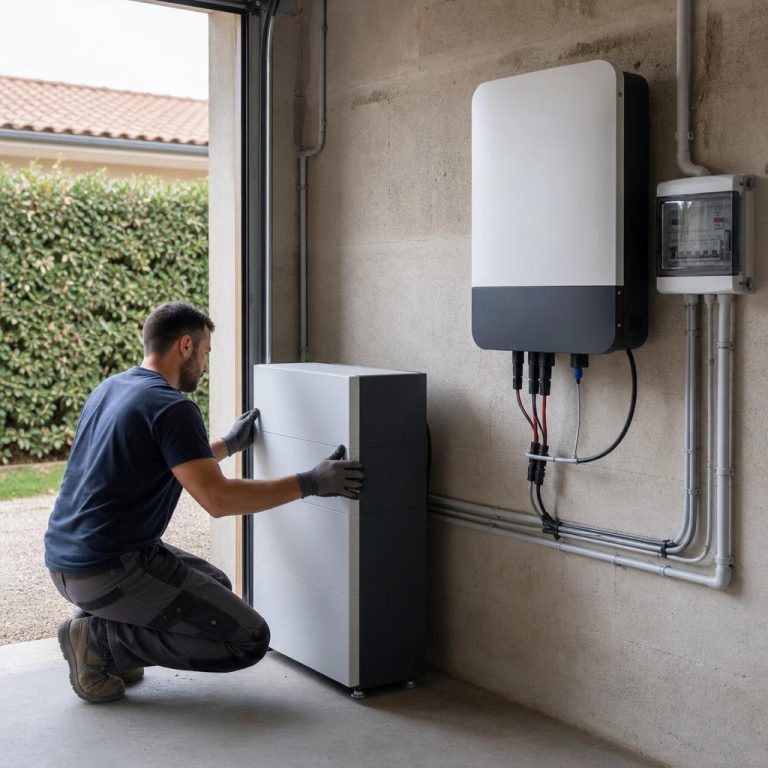 Une batterie domestique installée à côté d’un onduleur solaire dans un garage, symbole du stockage pour l’autoconsommation