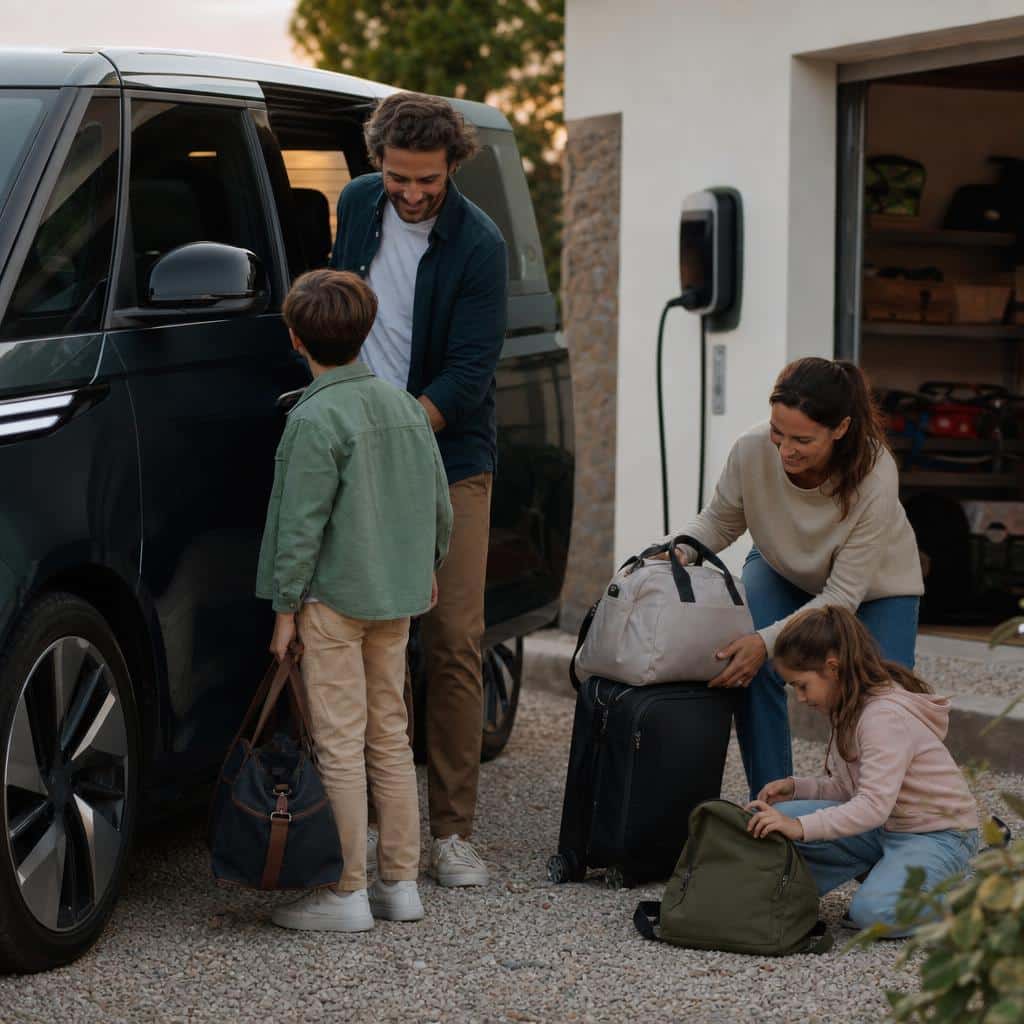 Famille chargeant un véhicule électrique spacieux avant un départ en roadtrip
