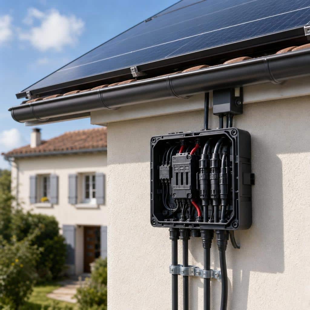 Panneaux solaires sur un toit avec des câbles électriques et un panneau “raccordement” stylisé