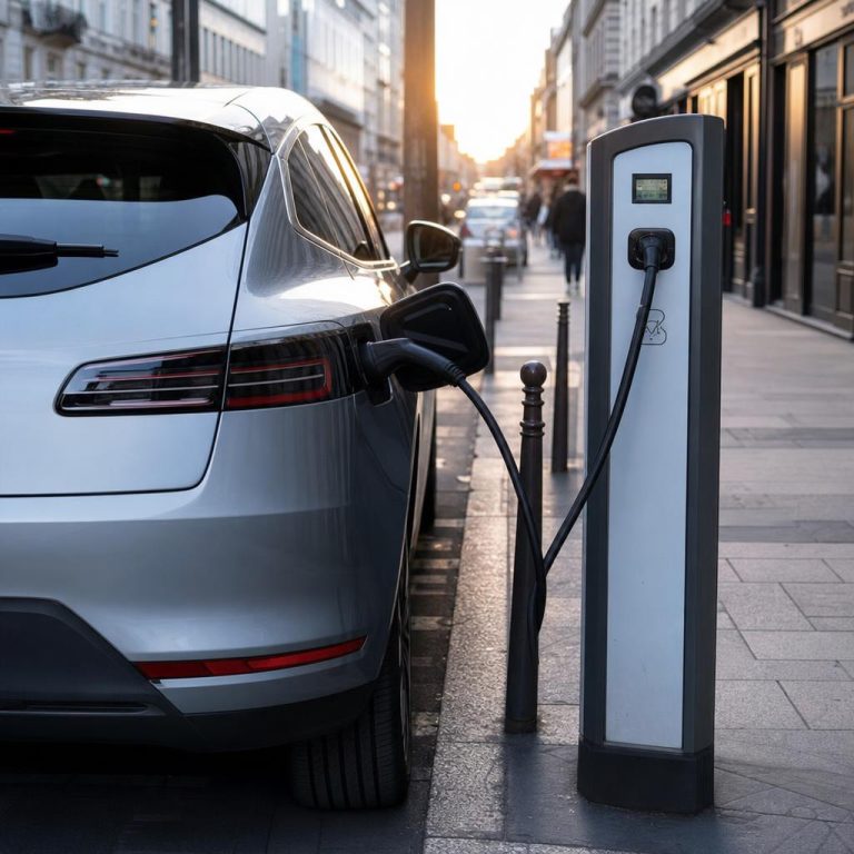 Vue d’une voiture électrique en recharge sur une borne publique en ville