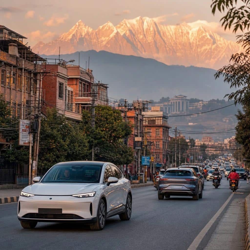 Voitures électriques circulant en ville au pied des montagnes, illustration de l’électrification au Népal.