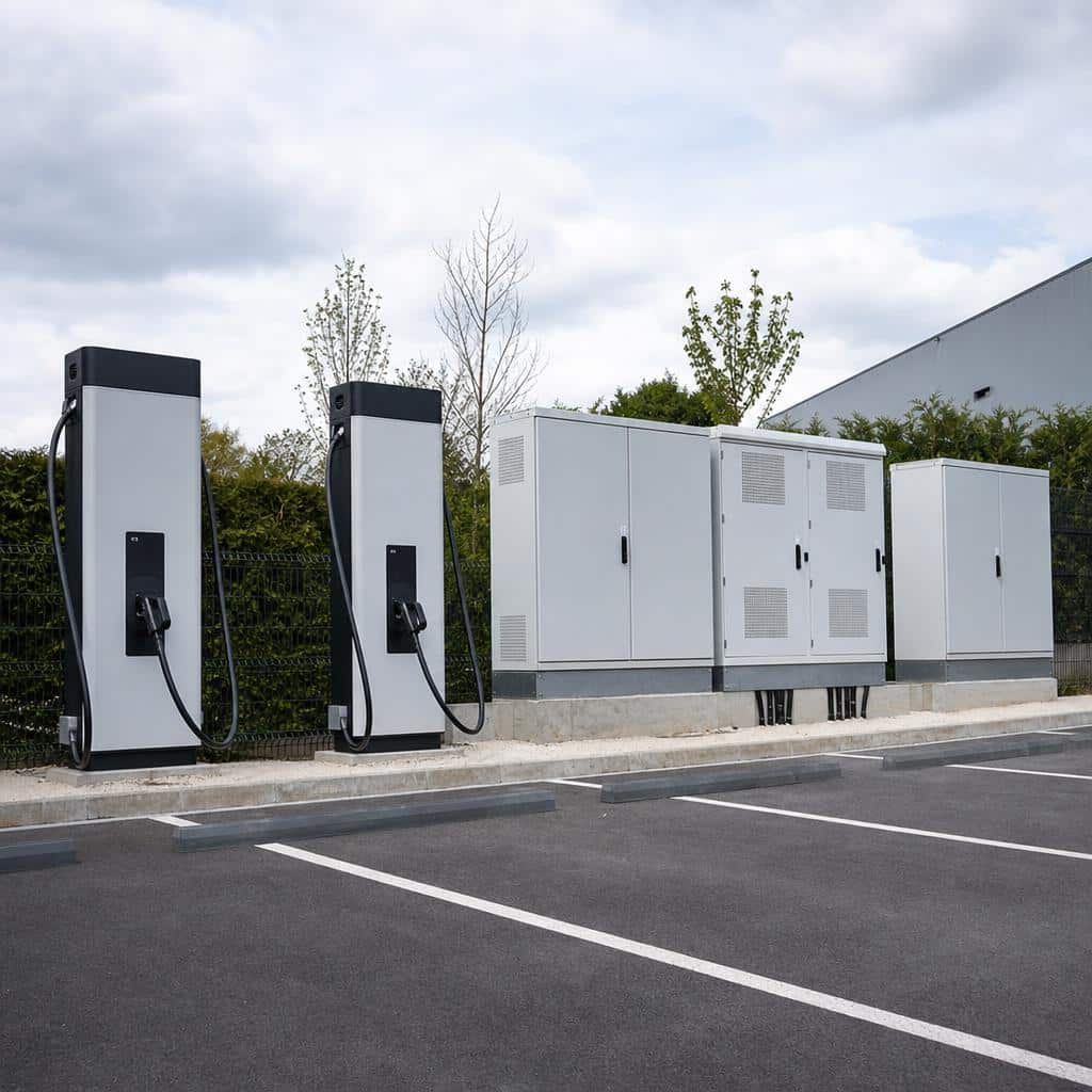 Armoires de batteries stationnaires à côté de bornes de recharge sur un parking, en France.