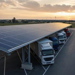 Ombrière photovoltaïque couvrant un parking de camions au coucher du soleil