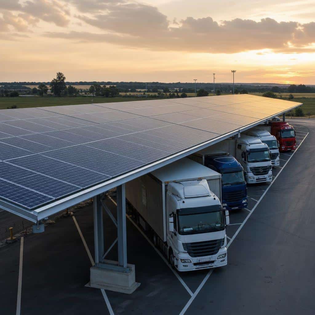 Ombrière photovoltaïque couvrant un parking de camions au coucher du soleil