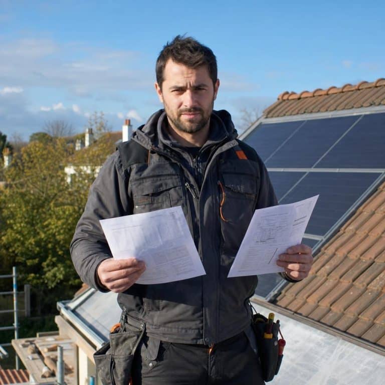 Un installateur solaire compare deux fiches techniques de panneaux sur un chantier de toiture