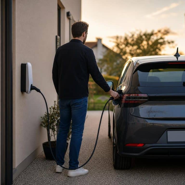 Un conducteur branche une voiture électrique sur une borne domestique devant une maison, en fin de journée